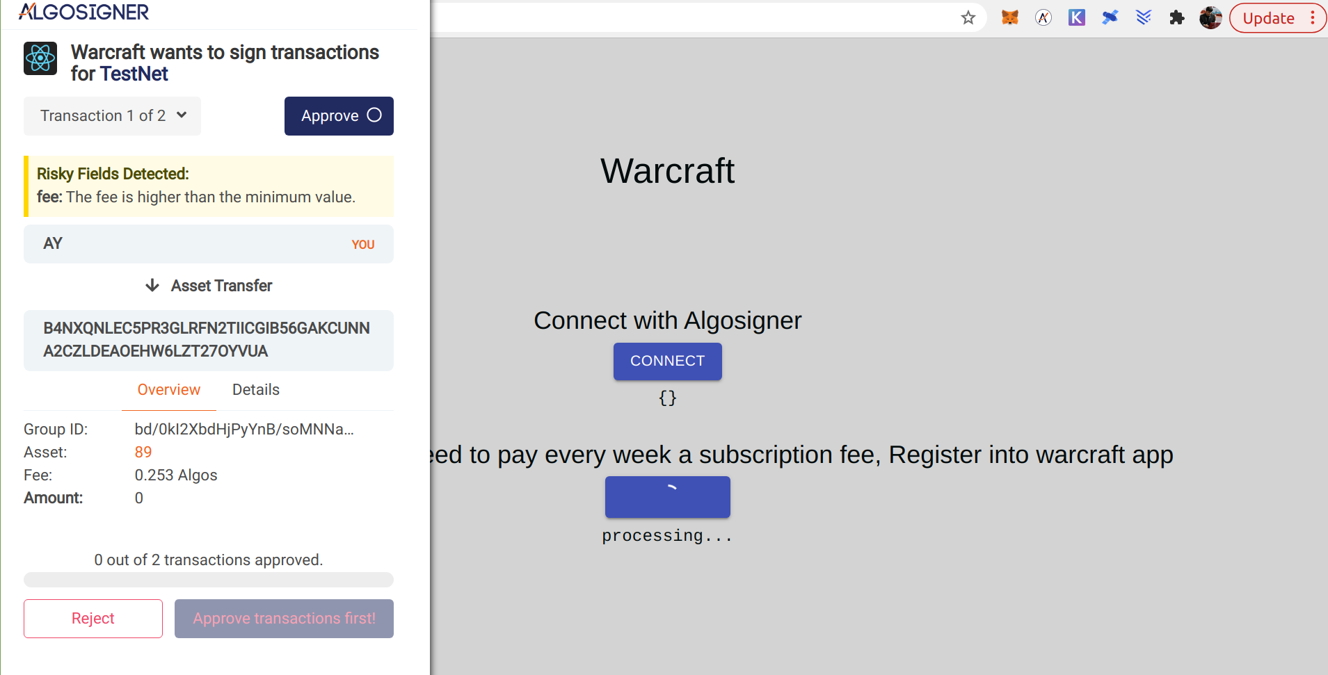 ASA payment for a smart contract service using Algorand Algorand